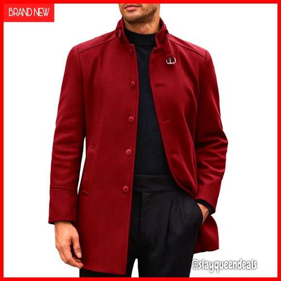 Slim Fit Trench Coat Stand Collar Single Breasted Overcoat Men's Wool Blend